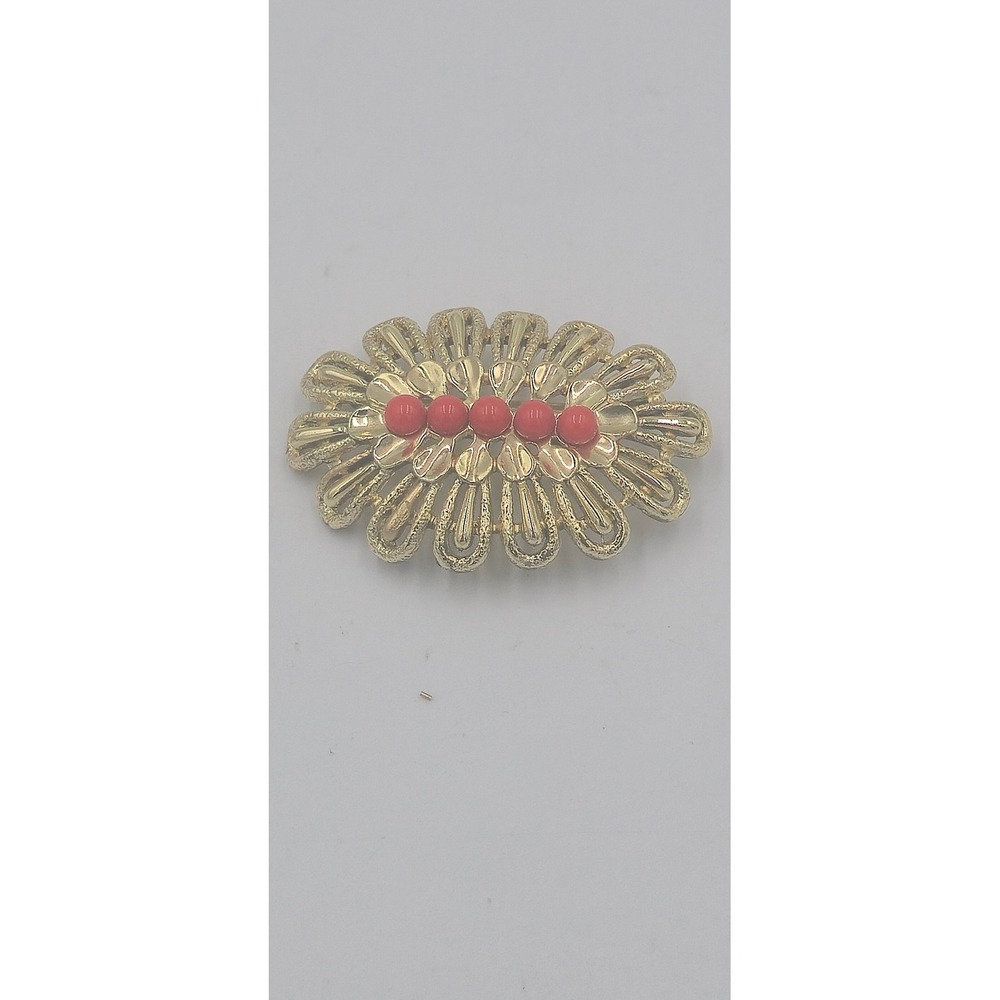 Vintage Sarah Coventry Victoria Coral Brooch Gold Tone Textured Sunburst 1970s
